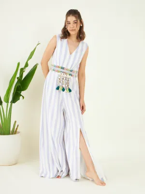 Blue Linen Striped Jumpsuit