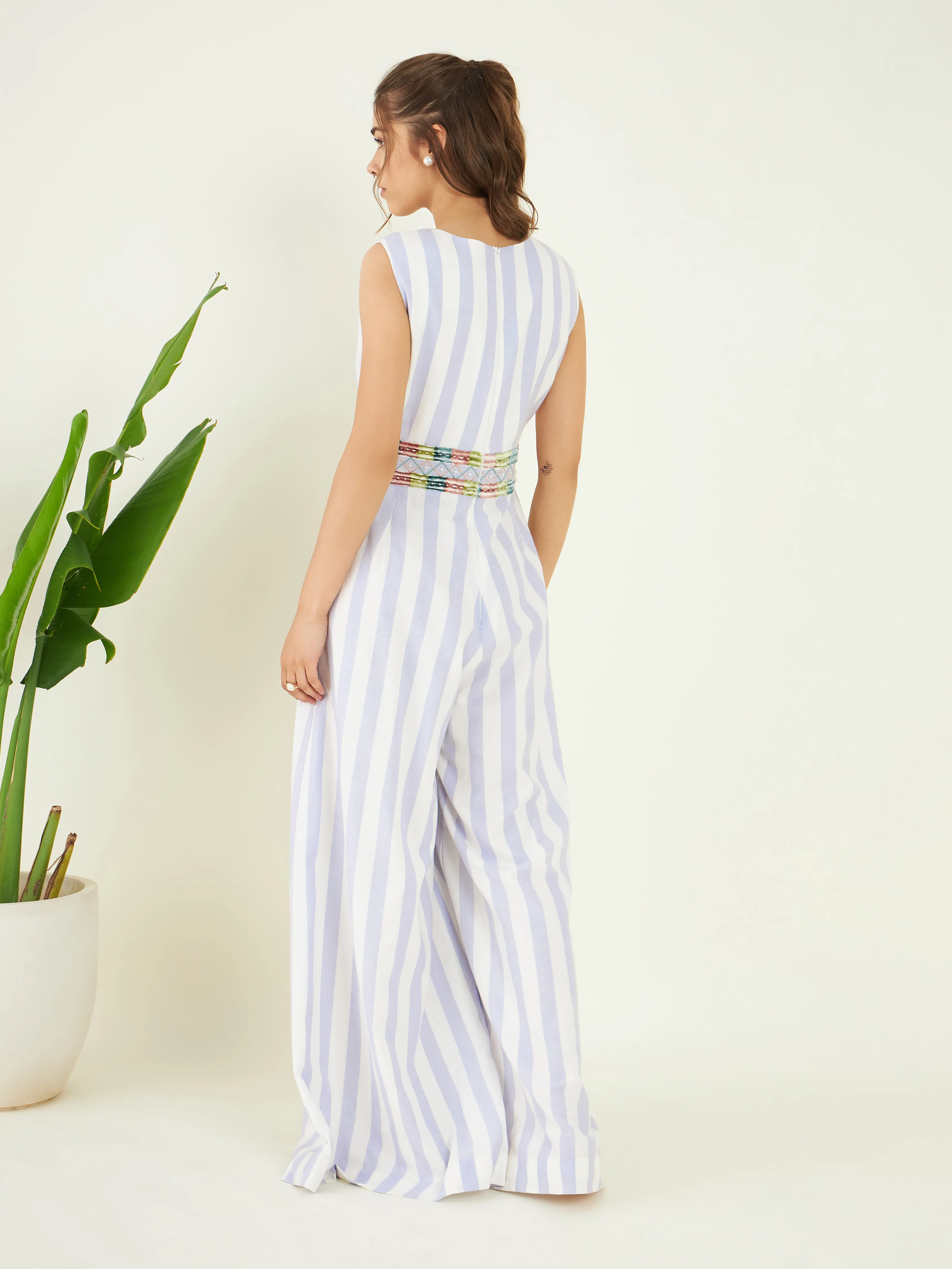 Blue Linen Striped Jumpsuit