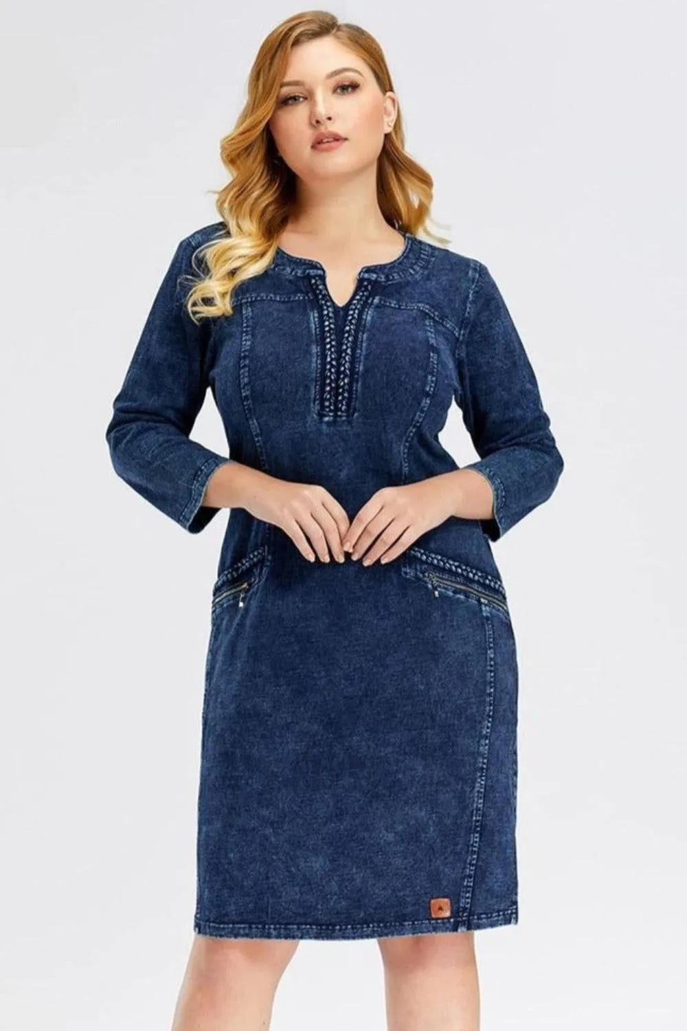 Blue Plus Size Long Sleeve Elastic Bodycon Slim Fit Midi Denim Dress