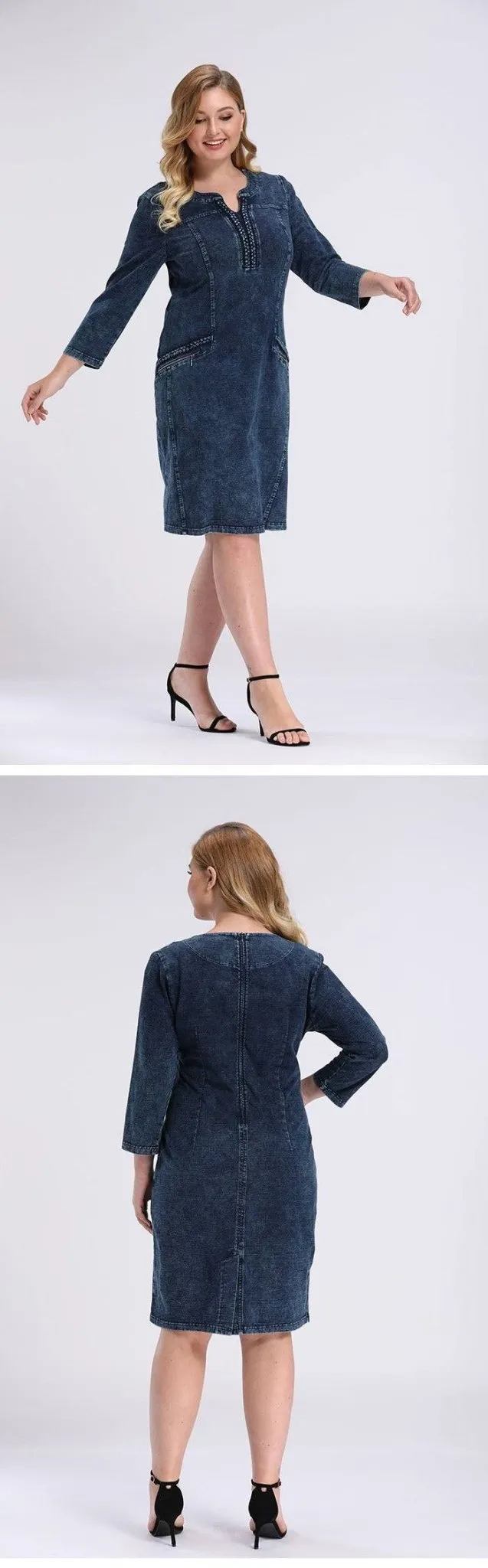 Blue Plus Size Long Sleeve Elastic Bodycon Slim Fit Midi Denim Dress