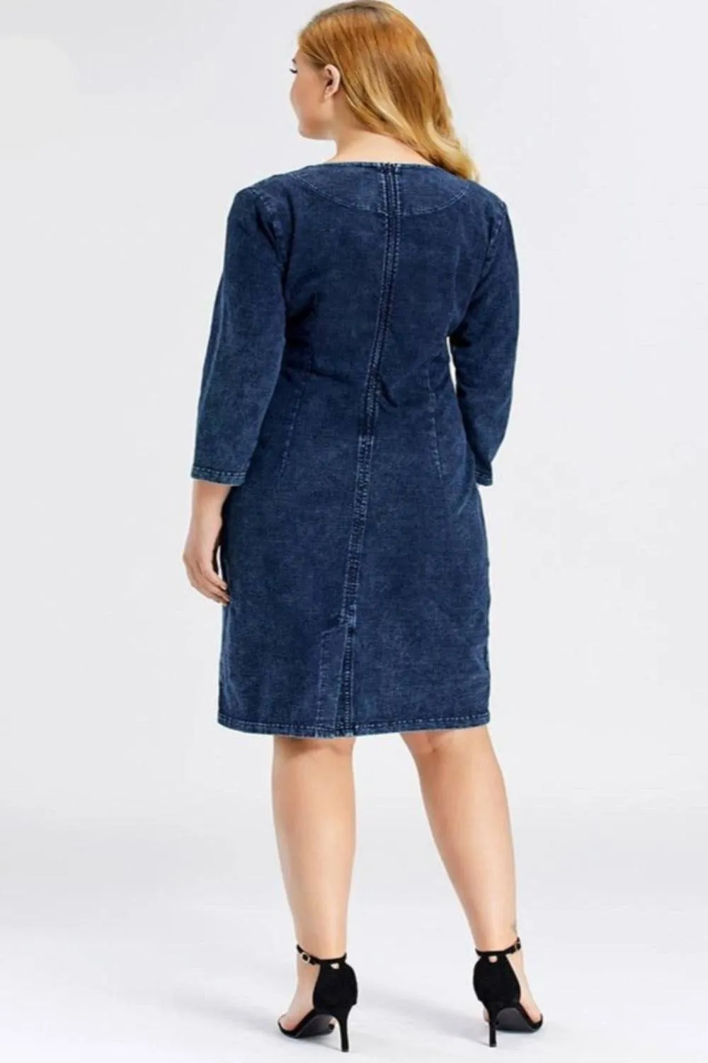Blue Plus Size Long Sleeve Elastic Bodycon Slim Fit Midi Denim Dress