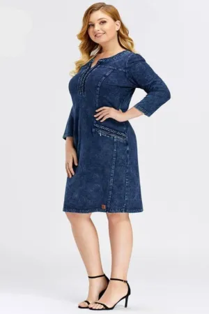 Blue Plus Size Long Sleeve Elastic Bodycon Slim Fit Midi Denim Dress