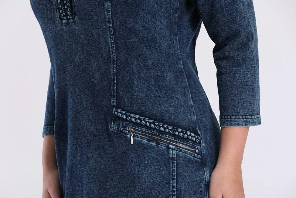 Blue Plus Size Long Sleeve Elastic Bodycon Slim Fit Midi Denim Dress