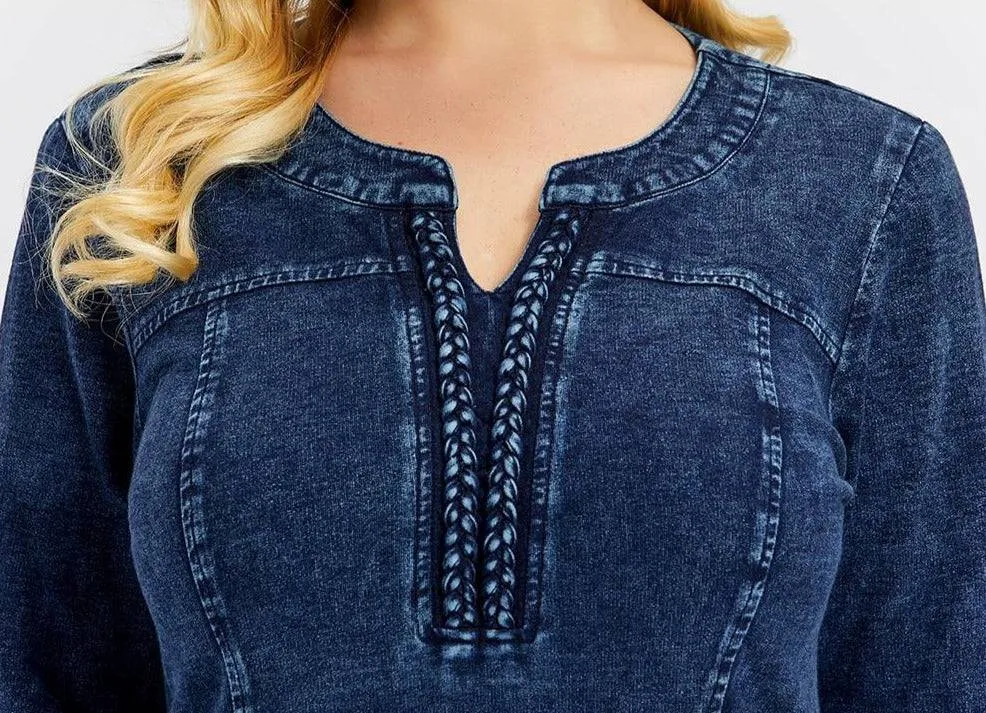 Blue Plus Size Long Sleeve Elastic Bodycon Slim Fit Midi Denim Dress