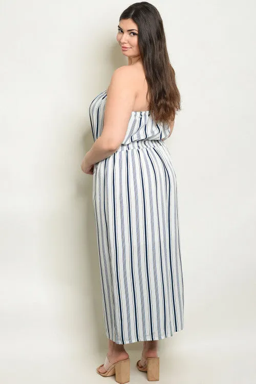 Blue Striped Strapless Plus Size Jumpsuit