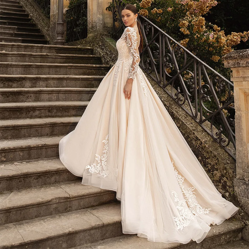 Boho Lace Tulle Wedding Dress  Princess Champagne A-Line
