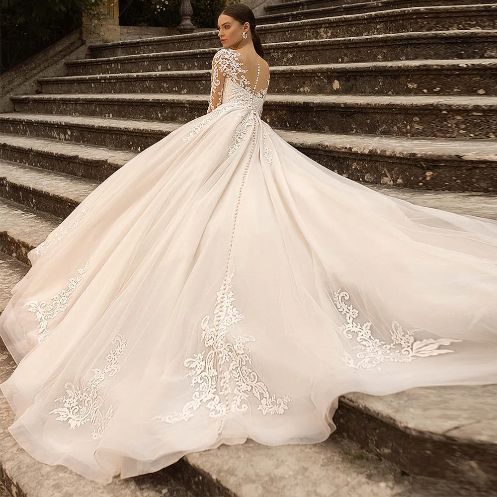 Boho Lace Tulle Wedding Dress  Princess Champagne A-Line