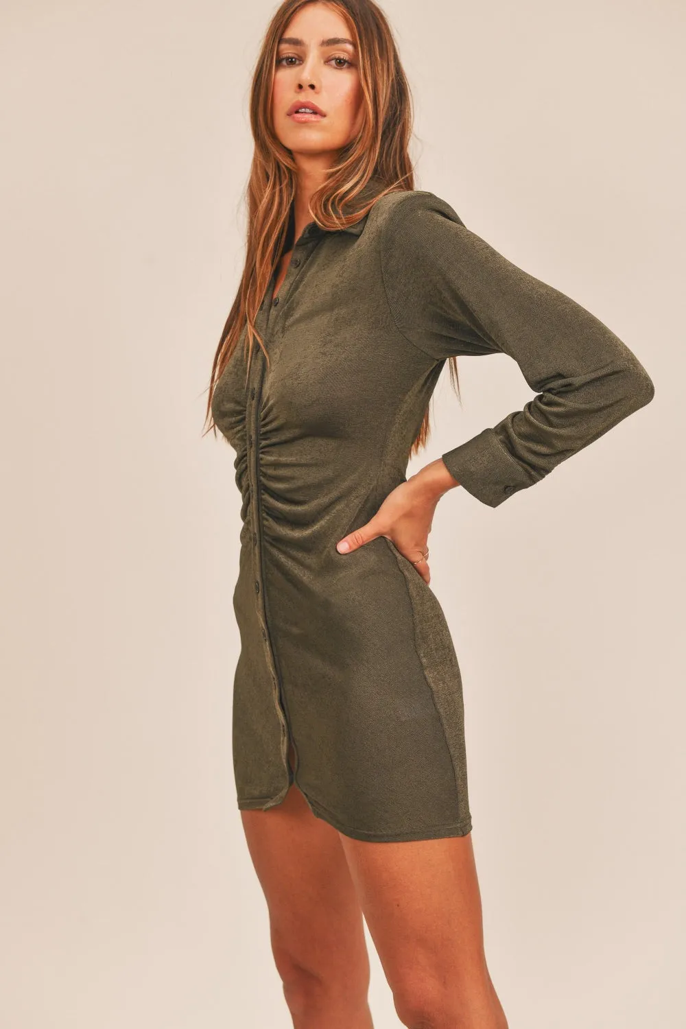 Brinkley Olive Front Ruched Button-Down Skinny Mini Shirt Dress