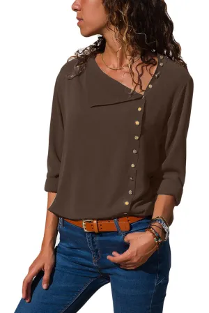 Brown Turndown Collar Asymmetric Button Down Blouse