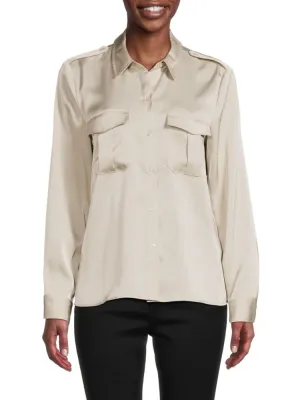 Calvin Klein Satin Button Down Shirt with Cargo Pockets, Beige