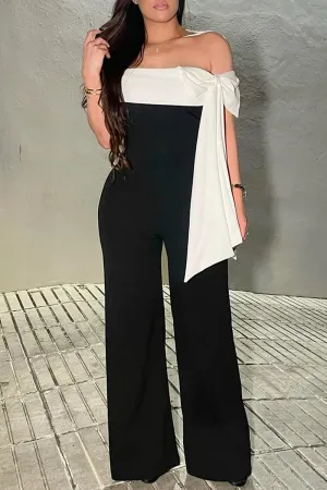 Casual Bow Patchwork Backless Off Shoulder Jumpsuits
