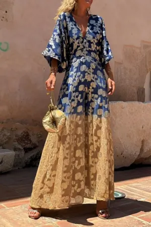 Casual Daily Gradient Print Bronzing Pattern V Neck Loose Jumpsuits