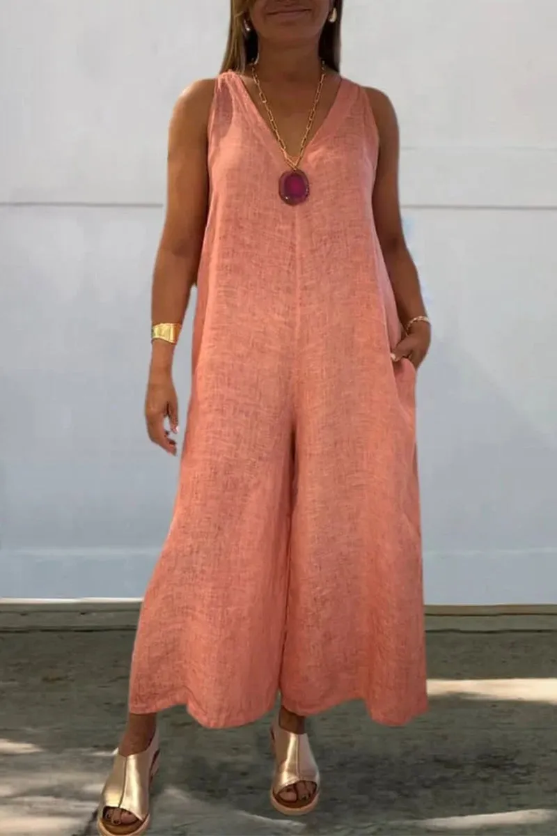 Casual Distressed Pocket V Neck Loose Jumpsuits(4 Colors)