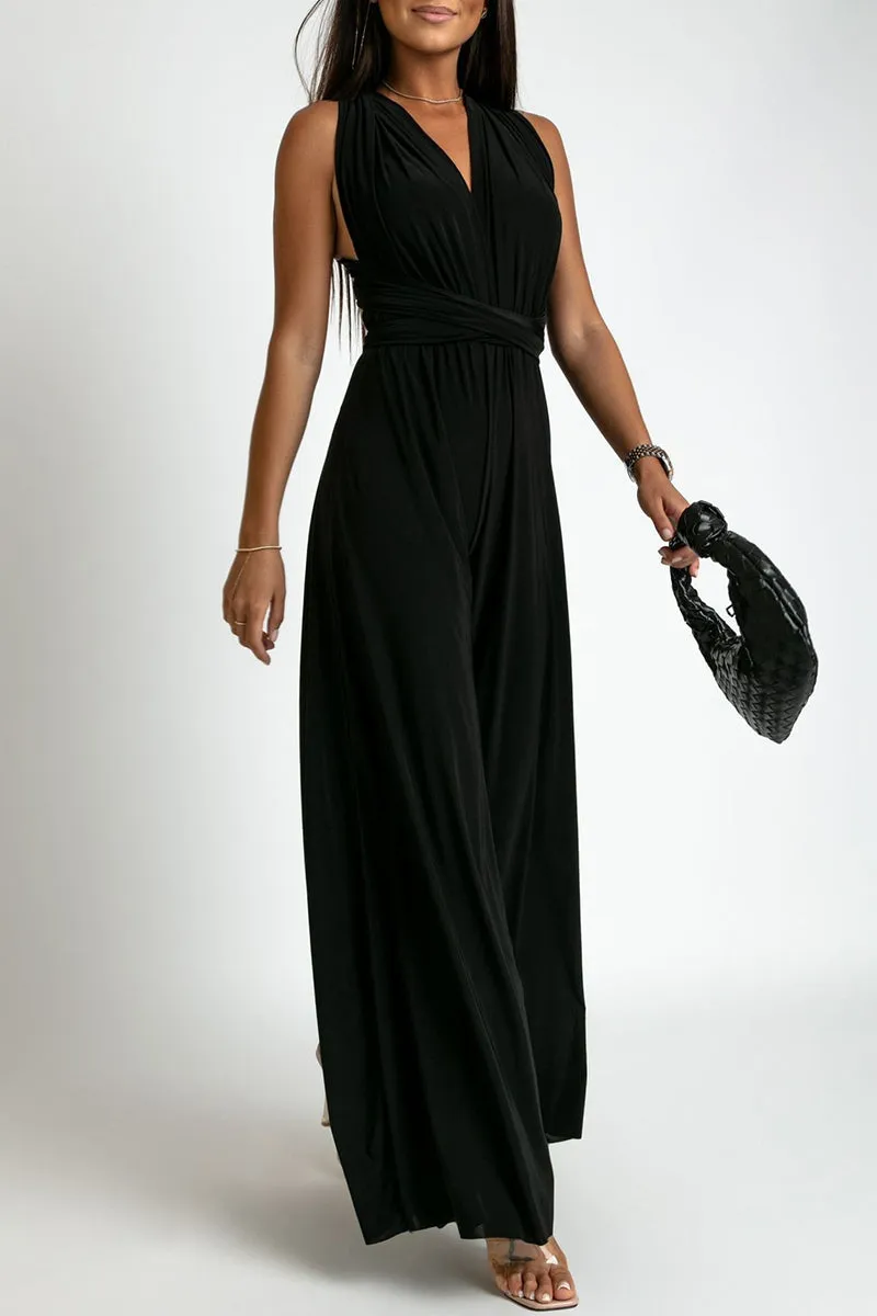 Casual Elegant Solid Backless Cross Straps V Neck Jumpsuits
