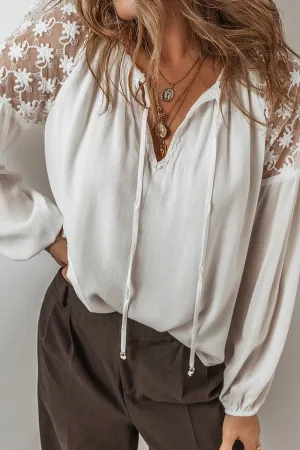 Casual Lace Lace Up Patchwork V Neck Blouses