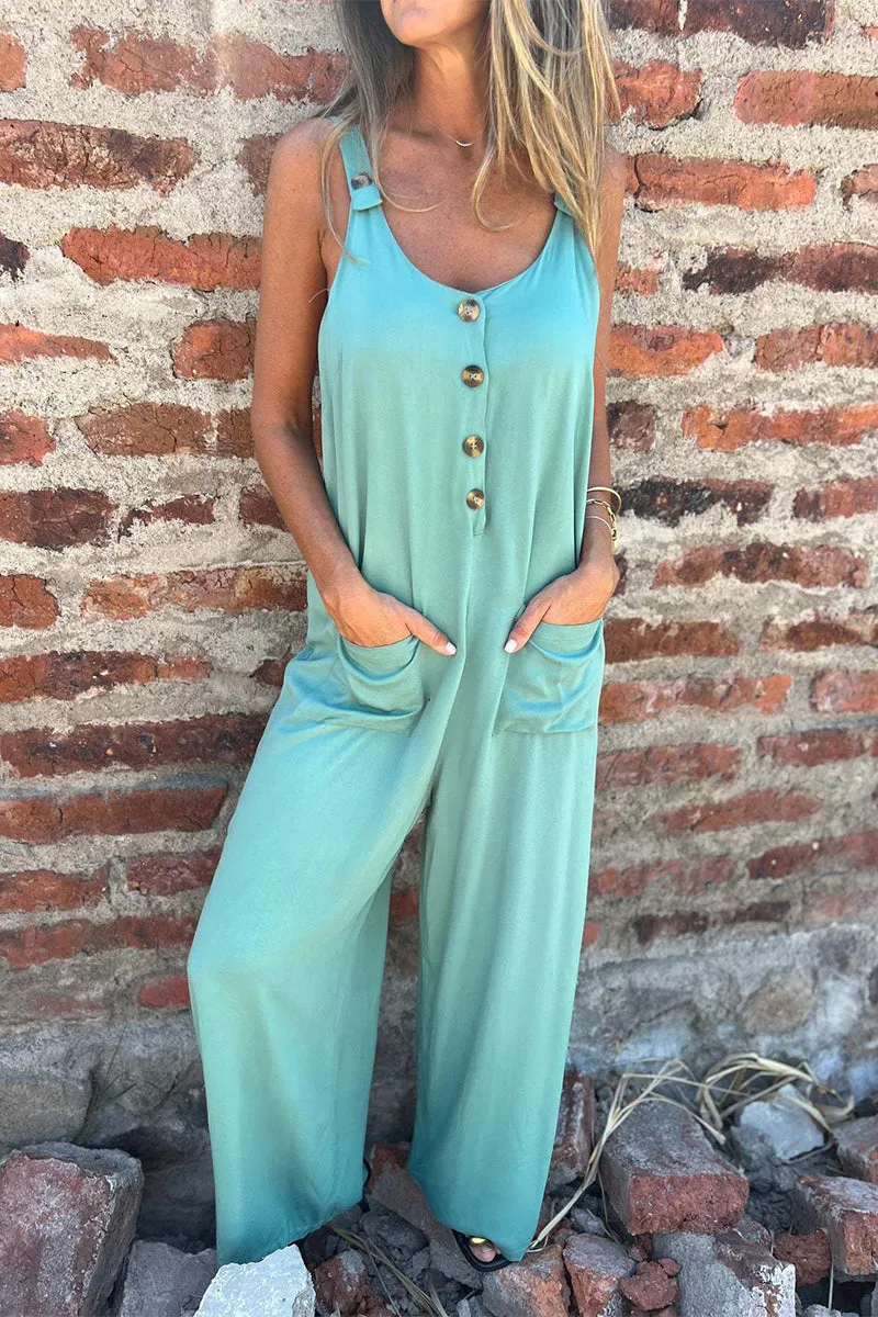 Casual Pocket Buttons Backless U Neck Boot Cut Jumpsuits(3 Colors)