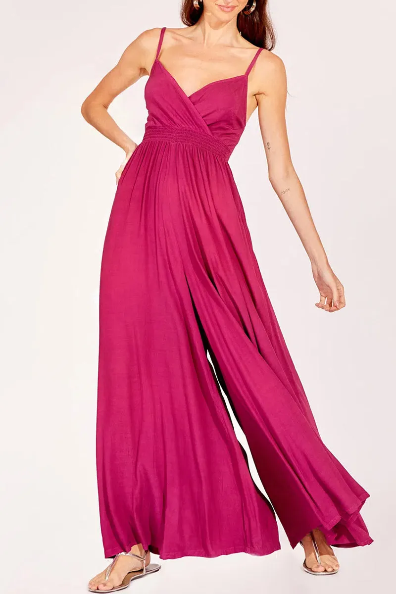 Casual Simplicity Solid Backless V Neck Loose Jumpsuits