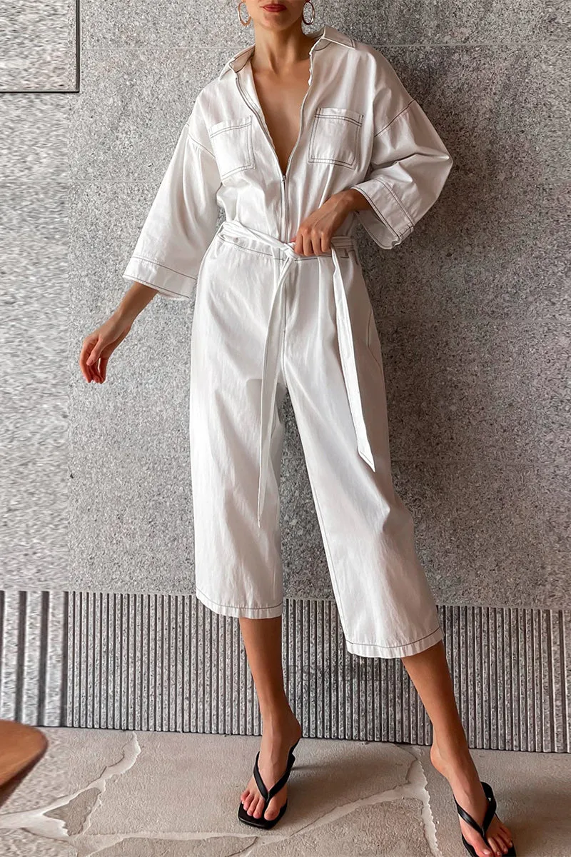 Casual Solid Color Lace Up Patchwork Turndown Collar Loose Jumpsuits