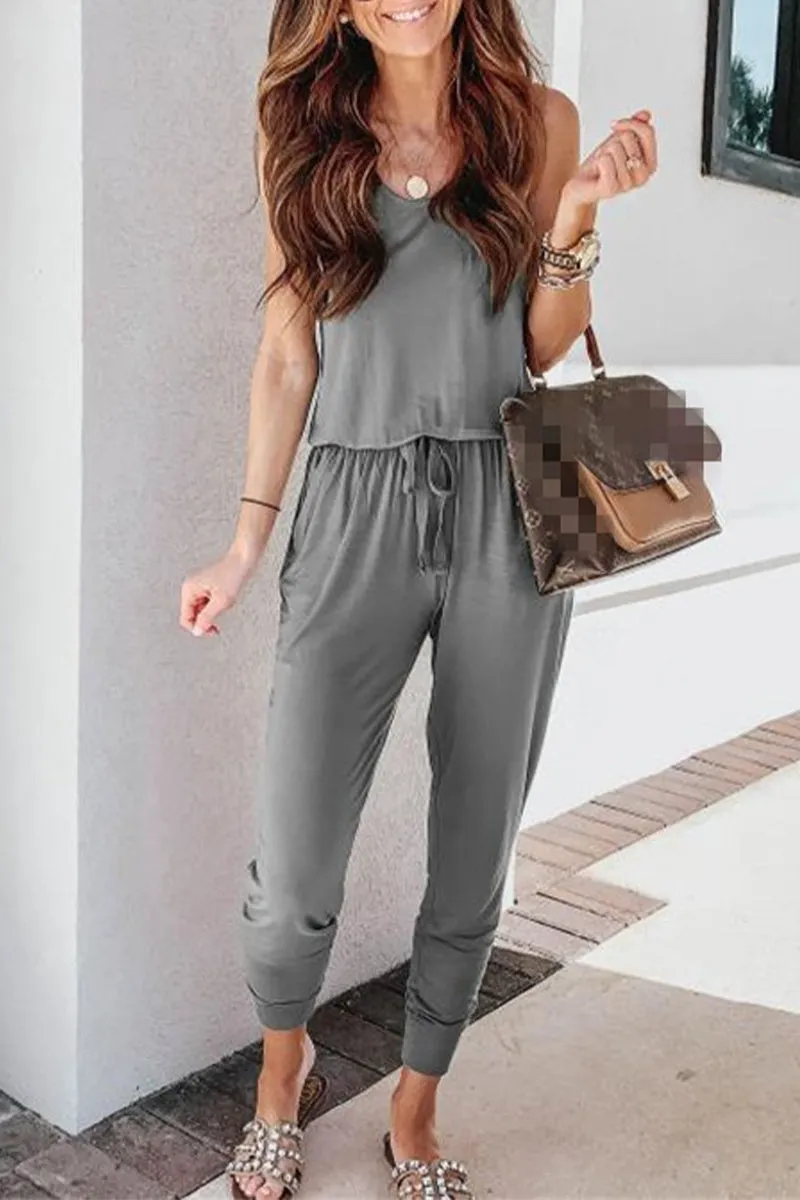 Casual Solid Frenulum U Neck Jumpsuits(4 Colors)