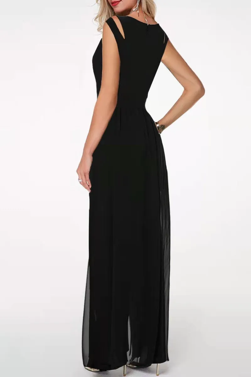 Casual Solid Patchwork O Neck Regular Jumpsuits