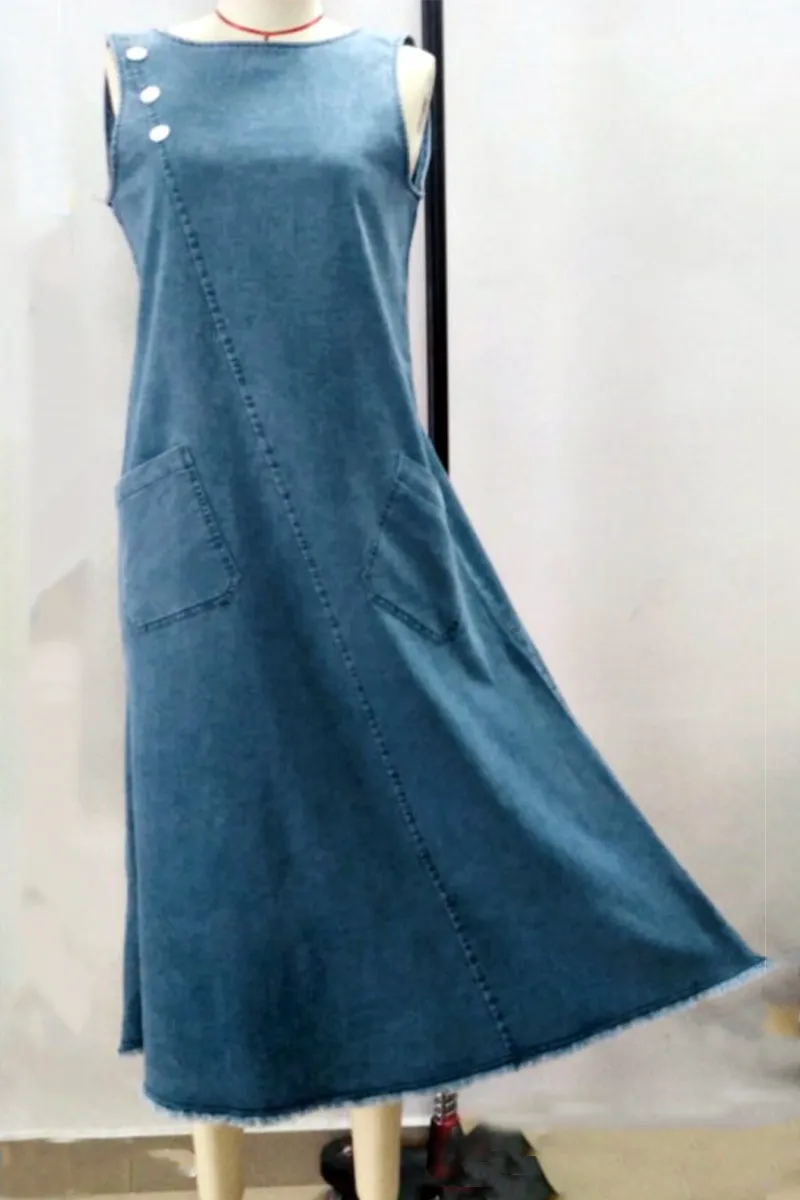 Casual Solid Pocket Buttons O Neck A Line Dresses