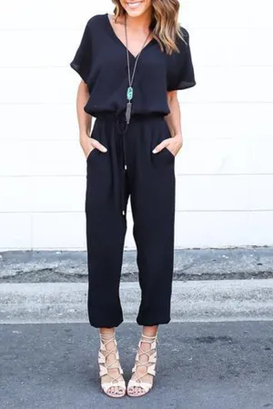 Casual Solid V Neck Straight Jumpsuits(3 Colors)