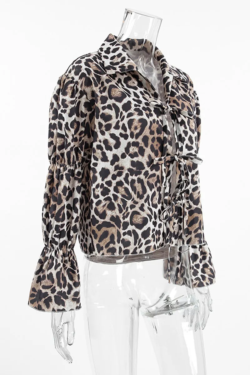 Casual Street Leopard Print Lace Up Turndown Collar Blouses