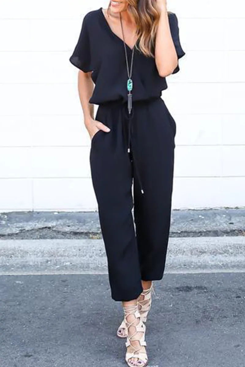Casual Street Solid Frenulum V Neck Jumpsuits(3 colors)