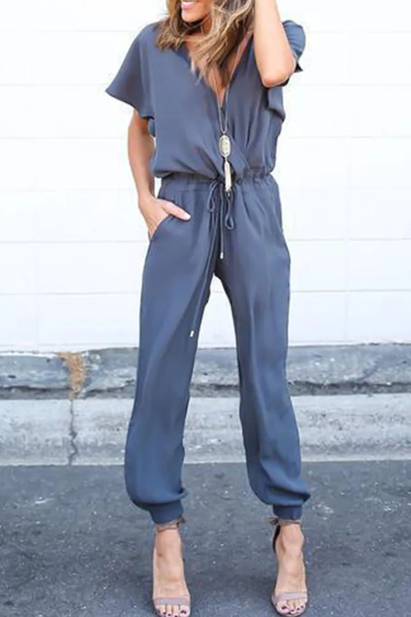 Casual Street Solid Frenulum V Neck Jumpsuits(3 colors)