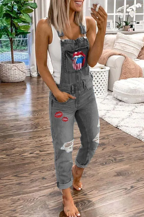 Chicindress Denim Print Suspender Jeans