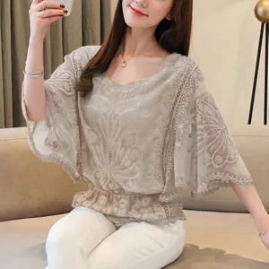 Chiffon Cotton Edge Lace Butterfly Flower Blouse