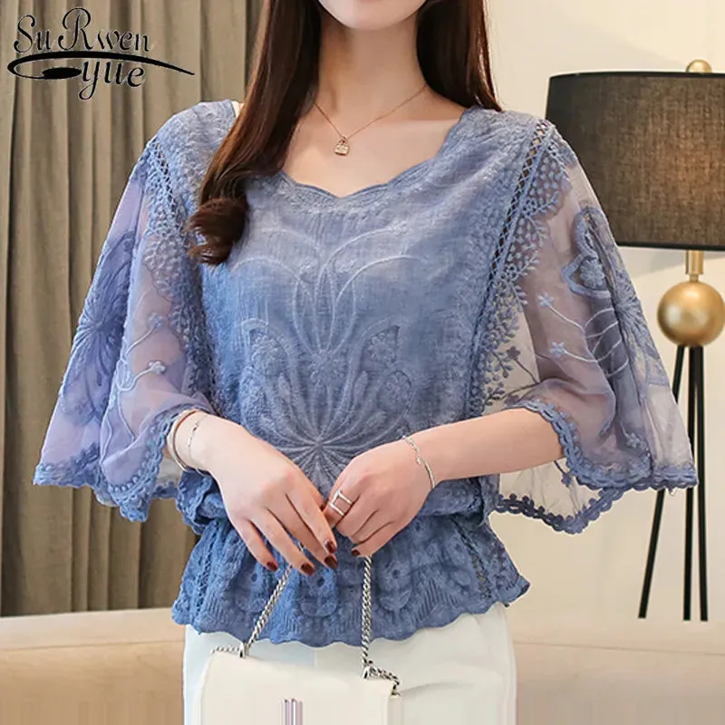 Chiffon Cotton Edge Lace Butterfly Flower Blouse