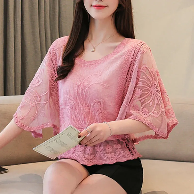 Chiffon Cotton Edge Lace Butterfly Flower Blouse