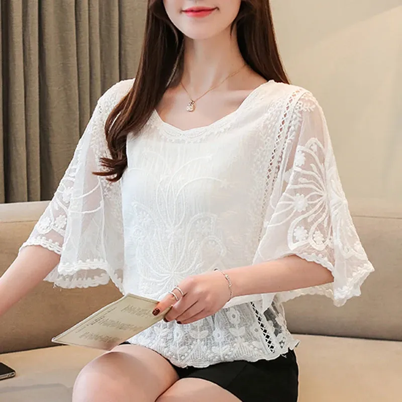 Chiffon Cotton Edge Lace Butterfly Flower Blouse