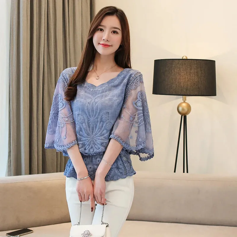Chiffon Cotton Edge Lace Butterfly Flower Blouse