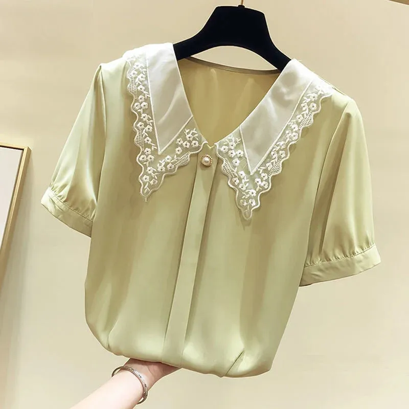 Chiffon Style Short Sleeve & Peter Pan Collar Blouse
