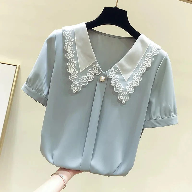 Chiffon Style Short Sleeve & Peter Pan Collar Blouse