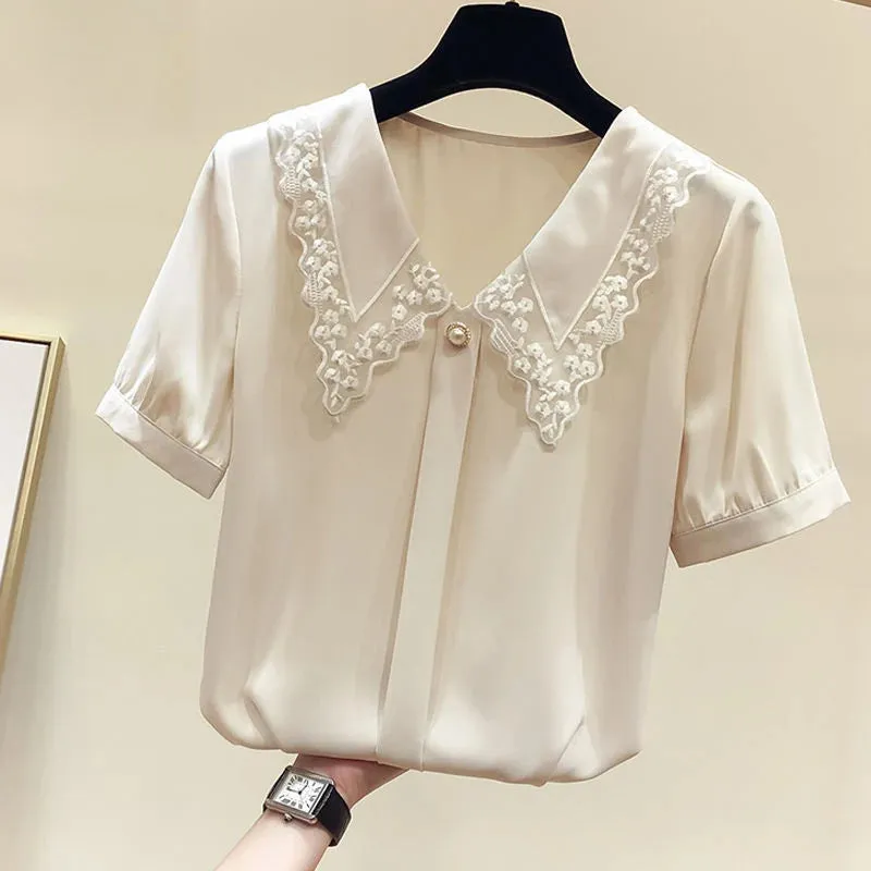 Chiffon Style Short Sleeve & Peter Pan Collar Blouse