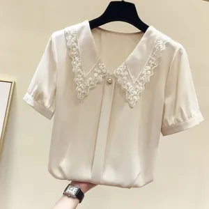 Chiffon Style Short Sleeve & Peter Pan Collar Blouse