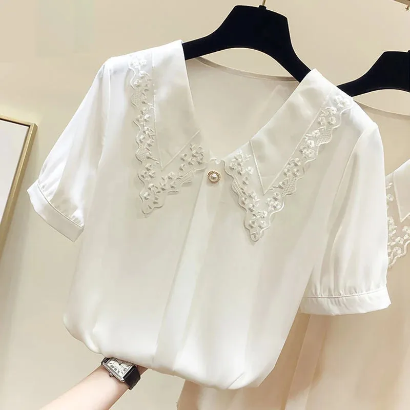 Chiffon Style Short Sleeve & Peter Pan Collar Blouse