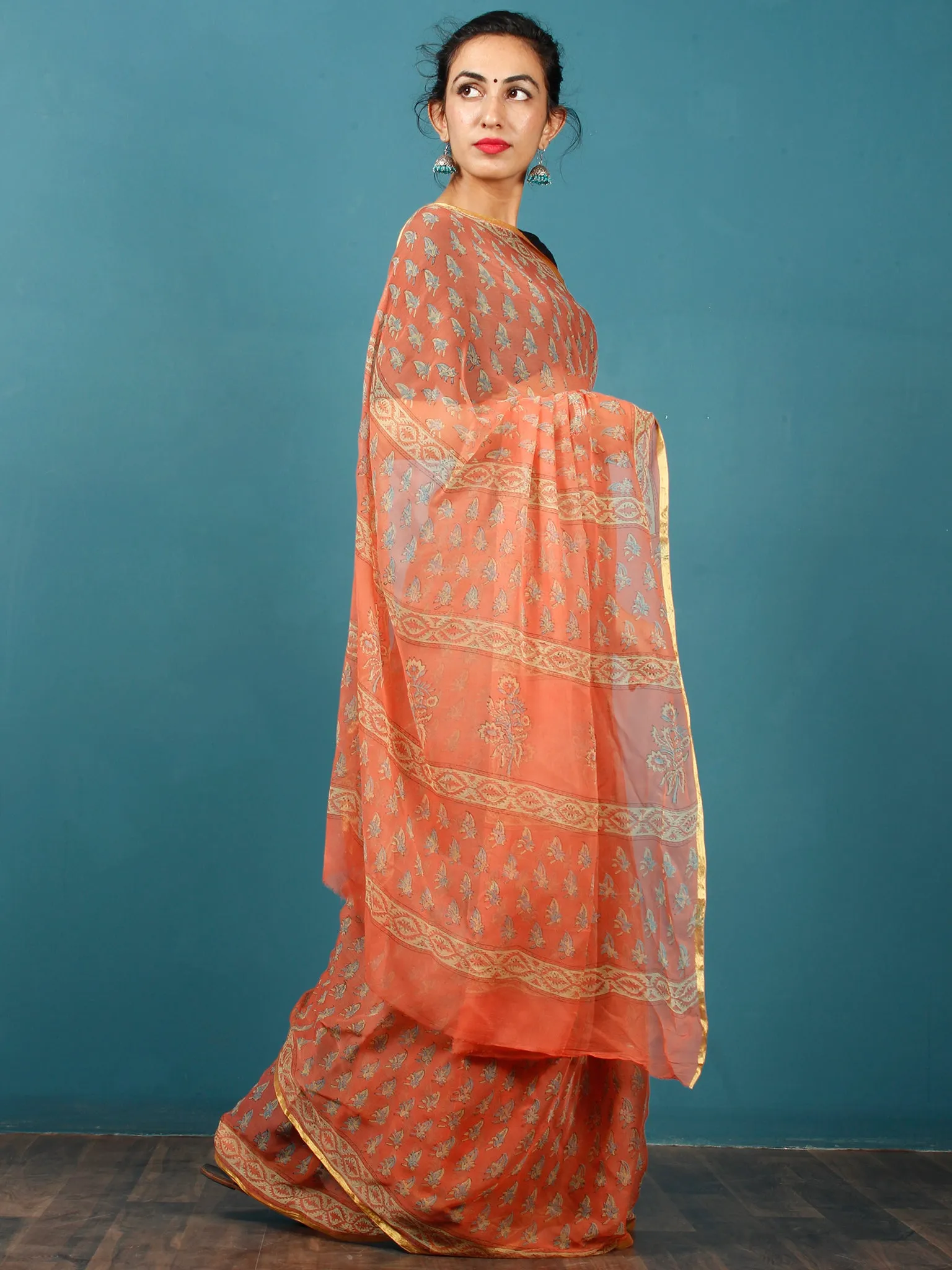 Coral Yellow Grey Hand Block Printed Chiffon Saree with Zari Border - S031702807