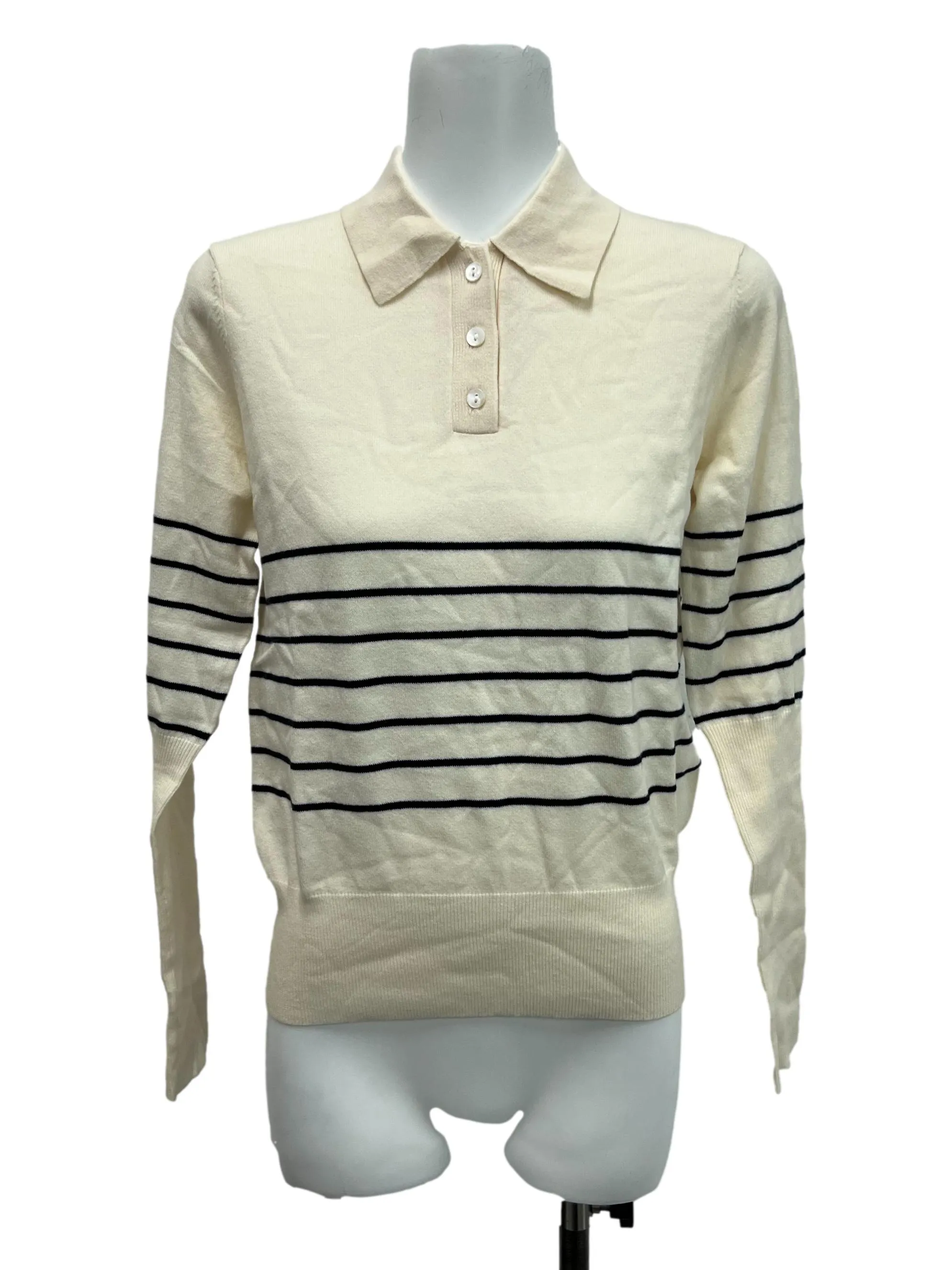 Cream Stripped Collared Knitted Top LB