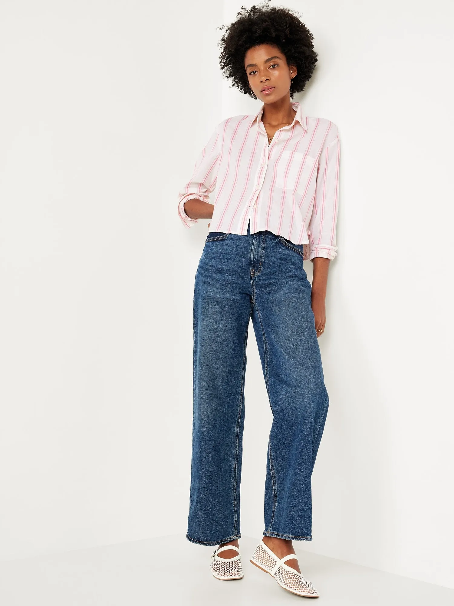 Cropped Button-Down Striped Shirt