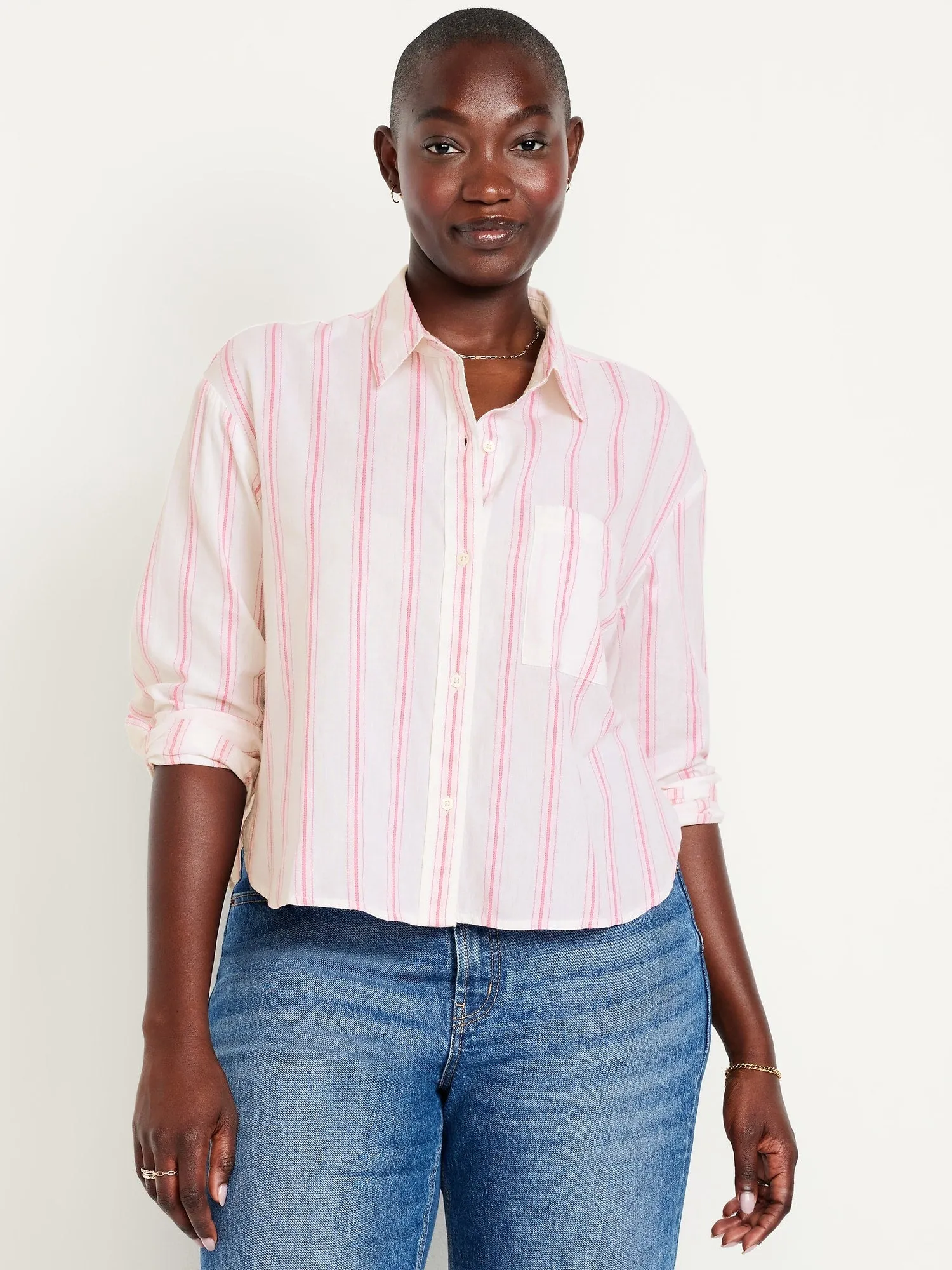 Cropped Button-Down Striped Shirt