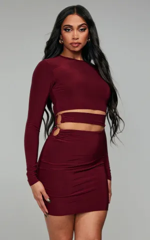 DARK PLUM SLINKY CUT OUT WAIST RING DETAIL BODYCON DRESS