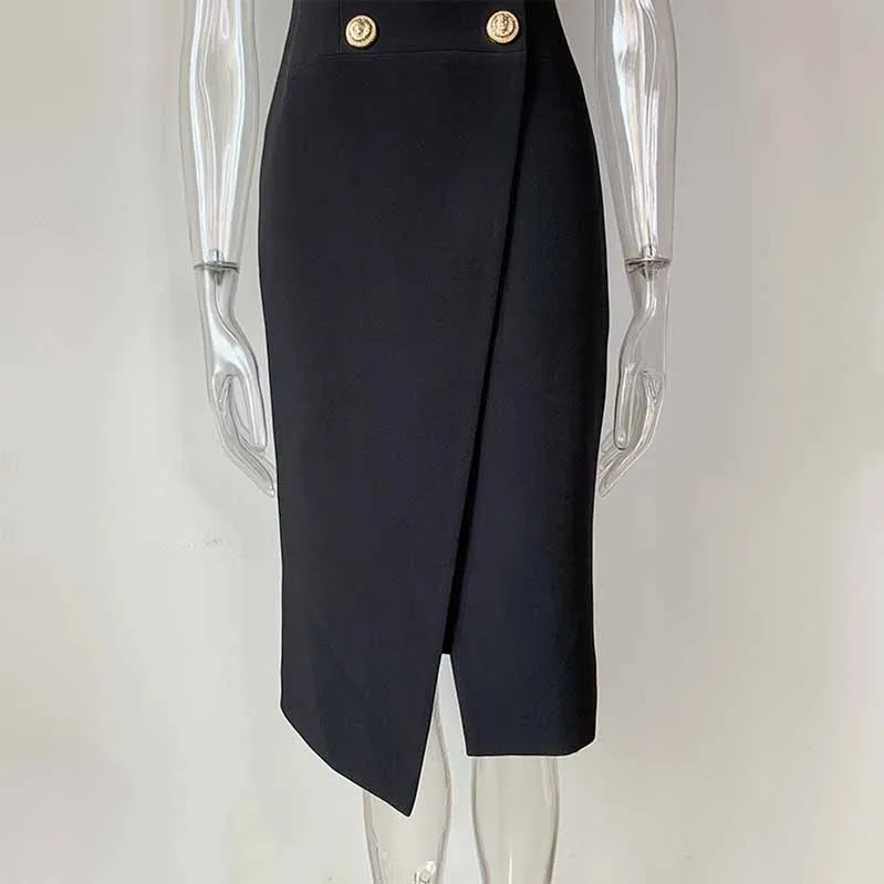 Double Breasted Gold Button Blazer Dress Asymmetric Sleeveless Blazer Midi Dress