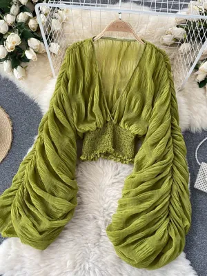 Draped Chiffon V-Neck Puff Long Sleeve Tops
