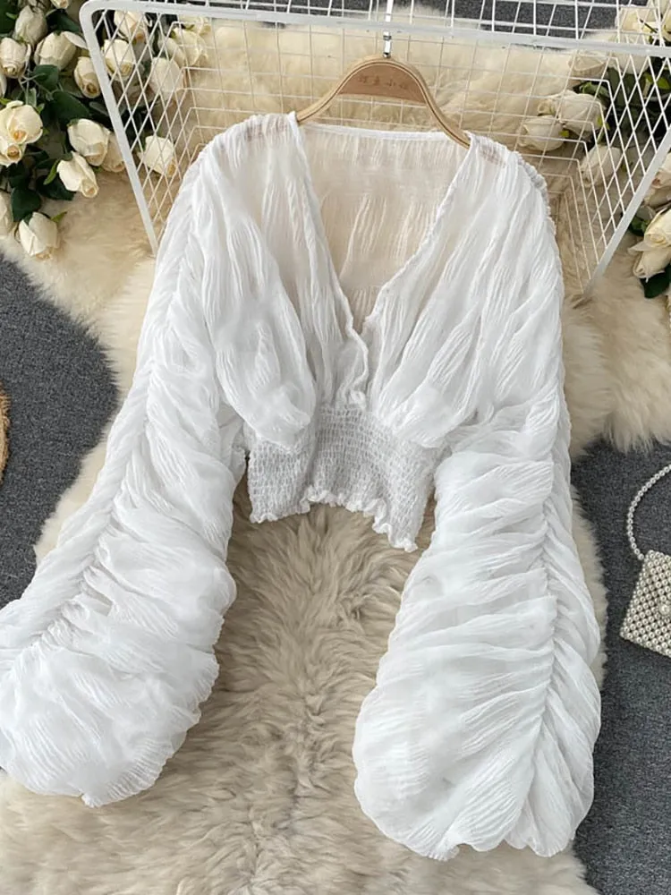 Draped Chiffon V-Neck Puff Long Sleeve Tops