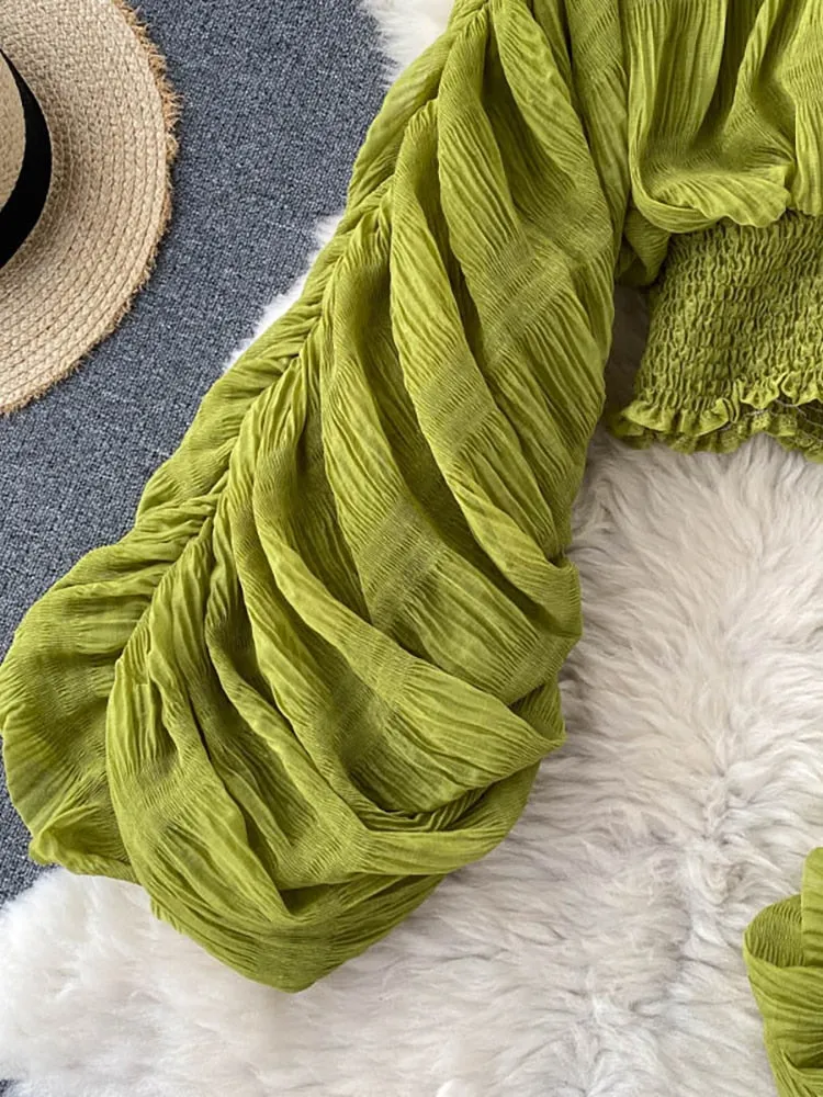 Draped Chiffon V-Neck Puff Long Sleeve Tops