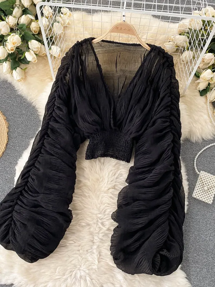 Draped Chiffon V-Neck Puff Long Sleeve Tops